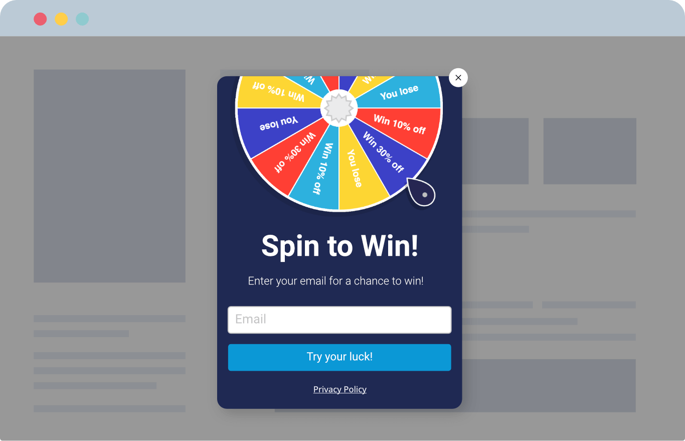 Spin to win coupon roulette popup