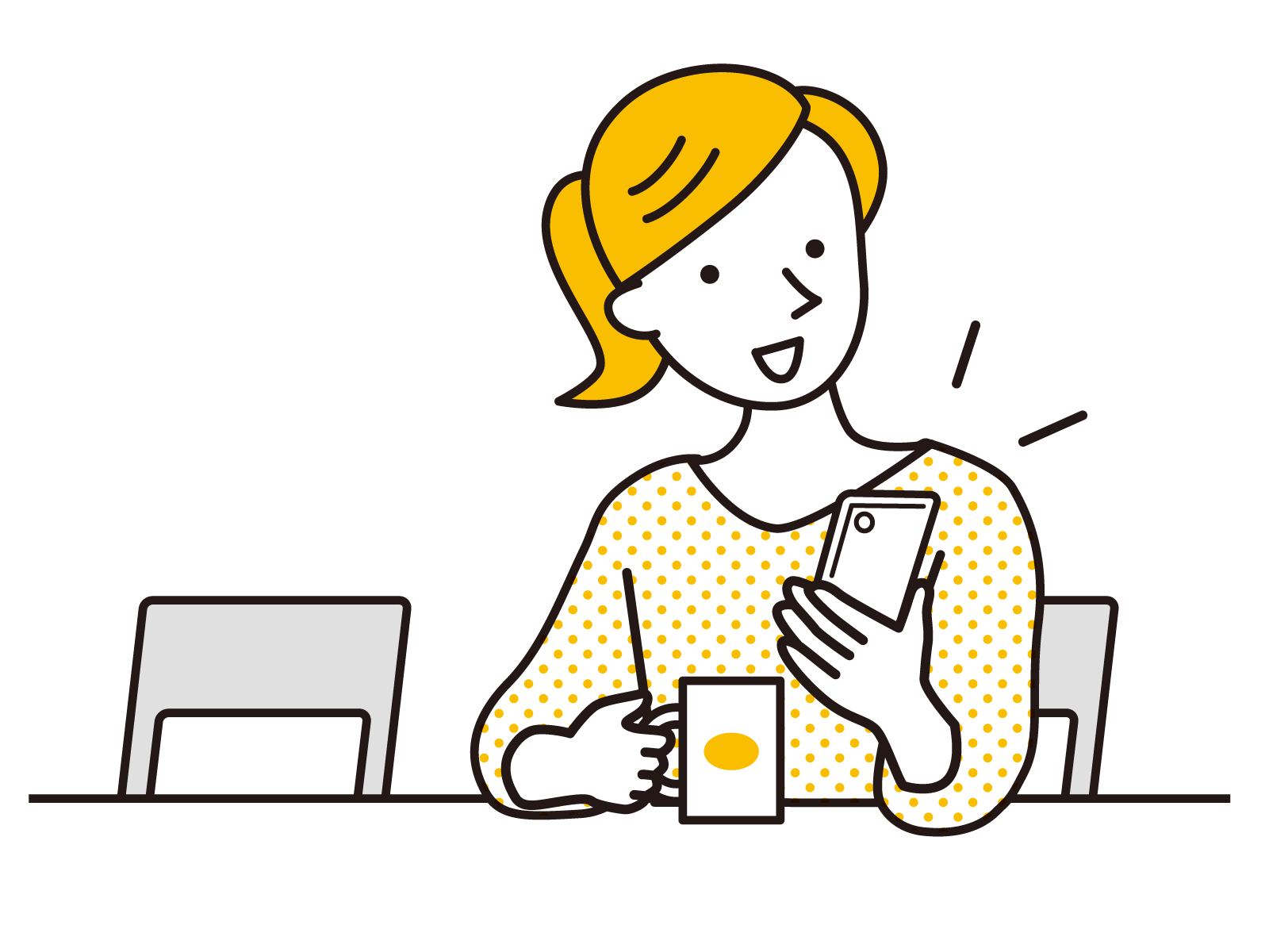 ポップアップを使ったマーケティング戦略ガイド　デスクでコーヒーを飲みながらスマホをチェックする女子