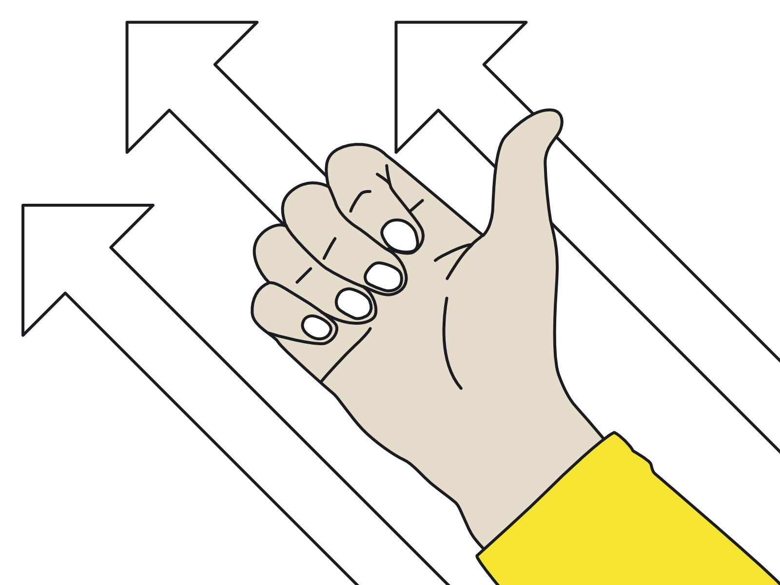 ポップアップ施策改善　右手と親指　左上がりの矢印